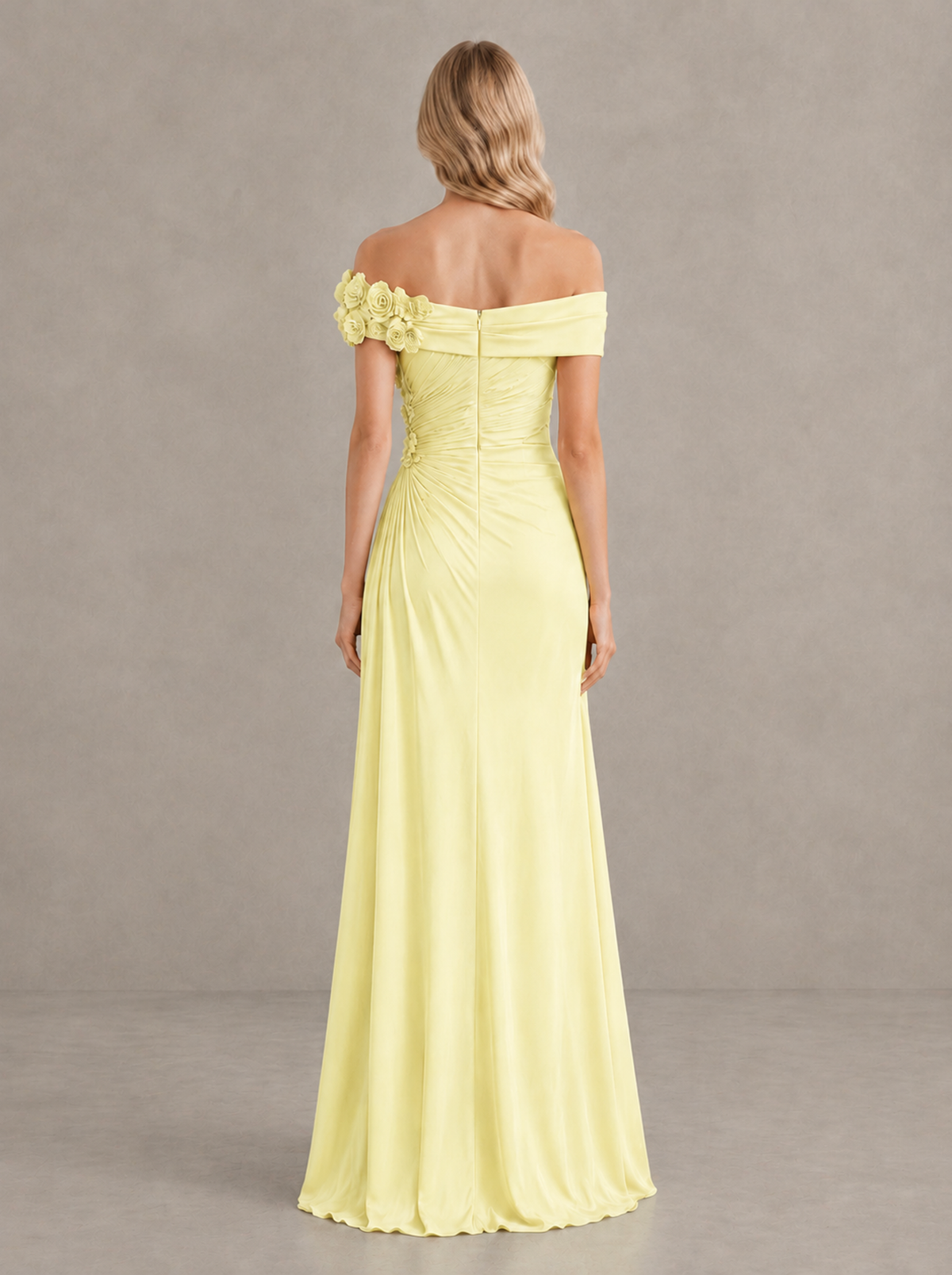 BOLODOO Light Yellow Off-Shoulder Floral Applique Wedding Guest Maxi Dress - Light Yellow - Light Yellow (2)