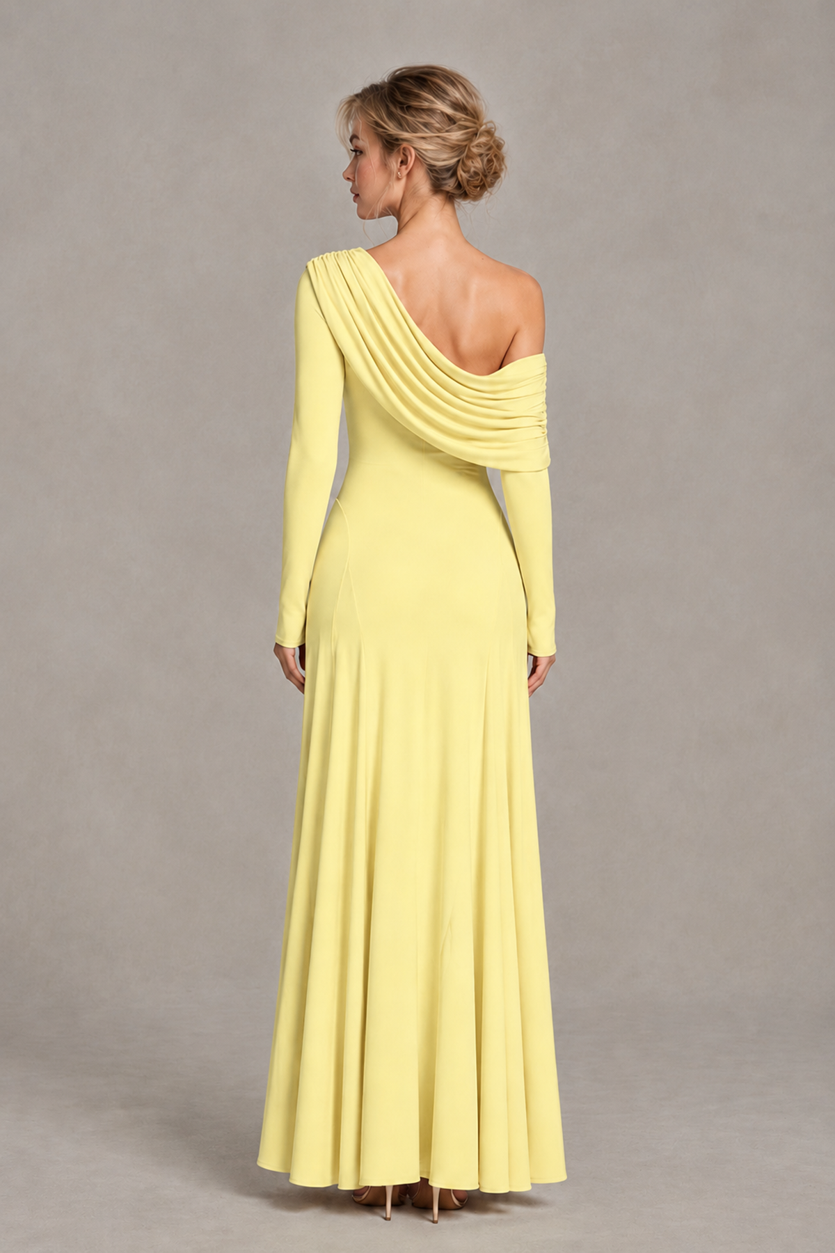 BOLODOO Light Yellow Asymmetric Draped Long Sleeve Evening Gown - Light Yellow