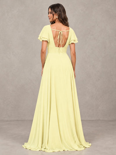 BOLODOO Light Yellow Flutter Sleeve Chiffon A-Line Maxi Bridesmaid Dress with Open Back & Slit - Light Yellow - Light Yellow (2)