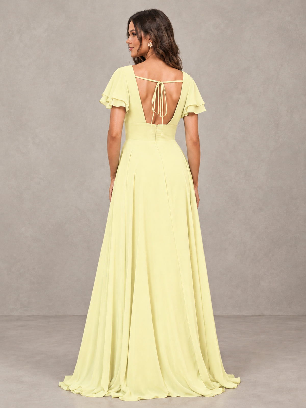 BOLODOO Light Yellow Flutter Sleeve Chiffon A-Line Maxi Bridesmaid Dress with Open Back & Slit - Light Yellow - Light Yellow (2)