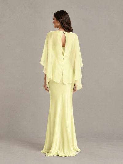 BOLODOO Light Yellow Satin Mermaid Bridesmaid Dress with Chiffon Cape - Light Yellow - Light Yellow (2)