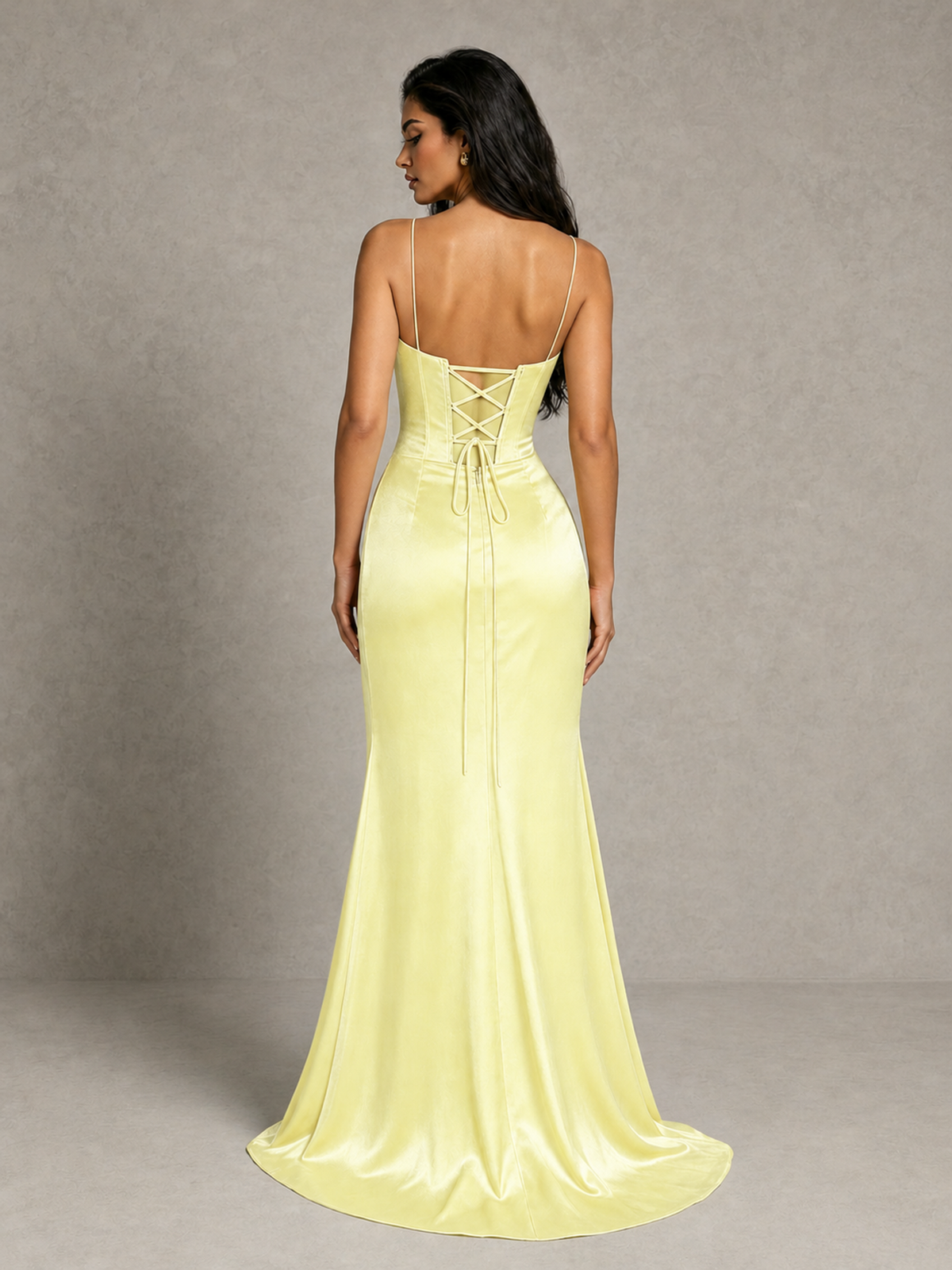 BOLODOO Light Yellow Satin Corset Prom Dress with High Slit & Lace-Up Back - Light Yellow - Light Yellow (2)