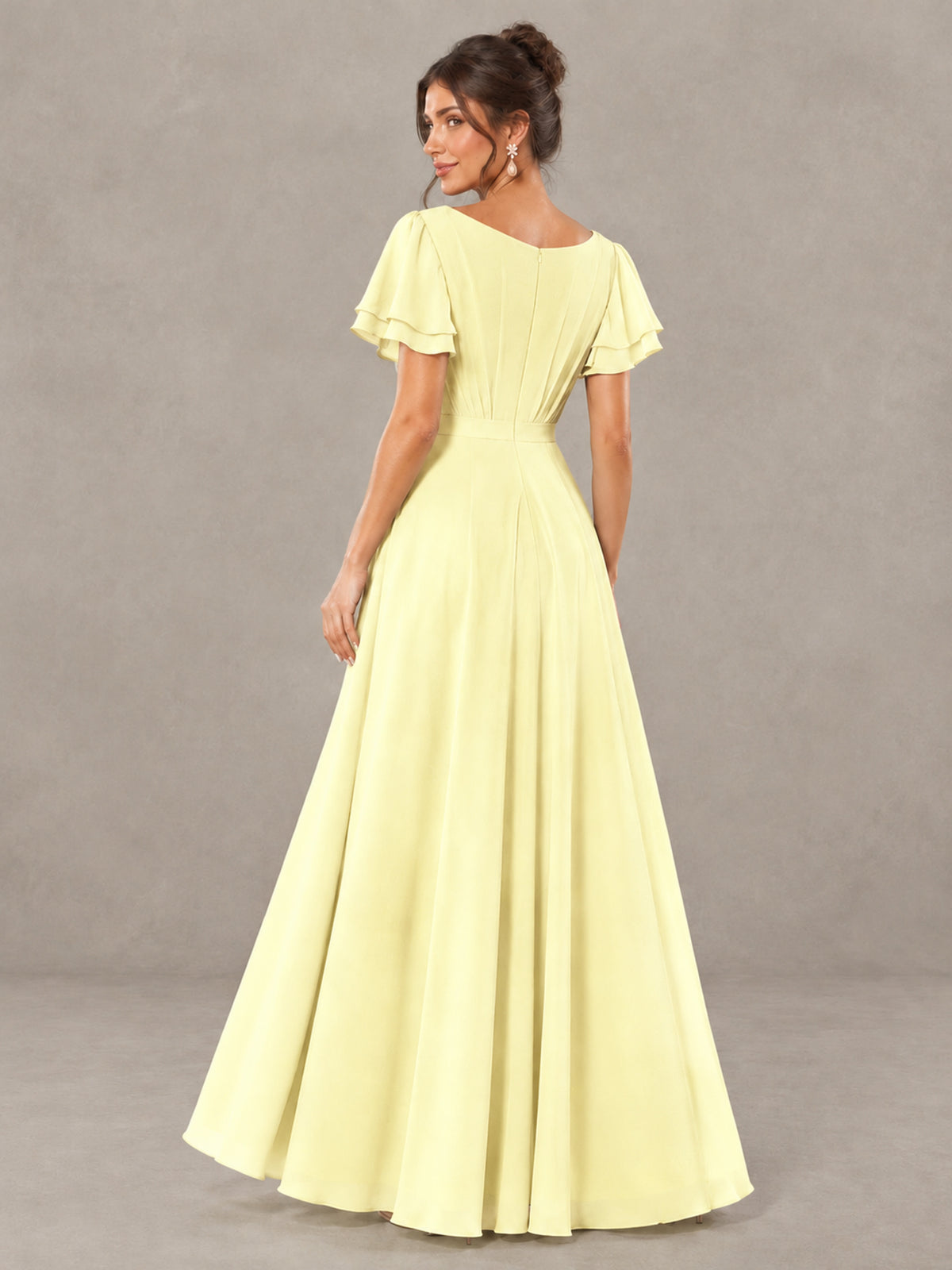 BOLODOO Light Yellow Flutter Sleeve Ruffle Bridesmaid Dress with Slit - Light Yellow - Light Yellow (2)