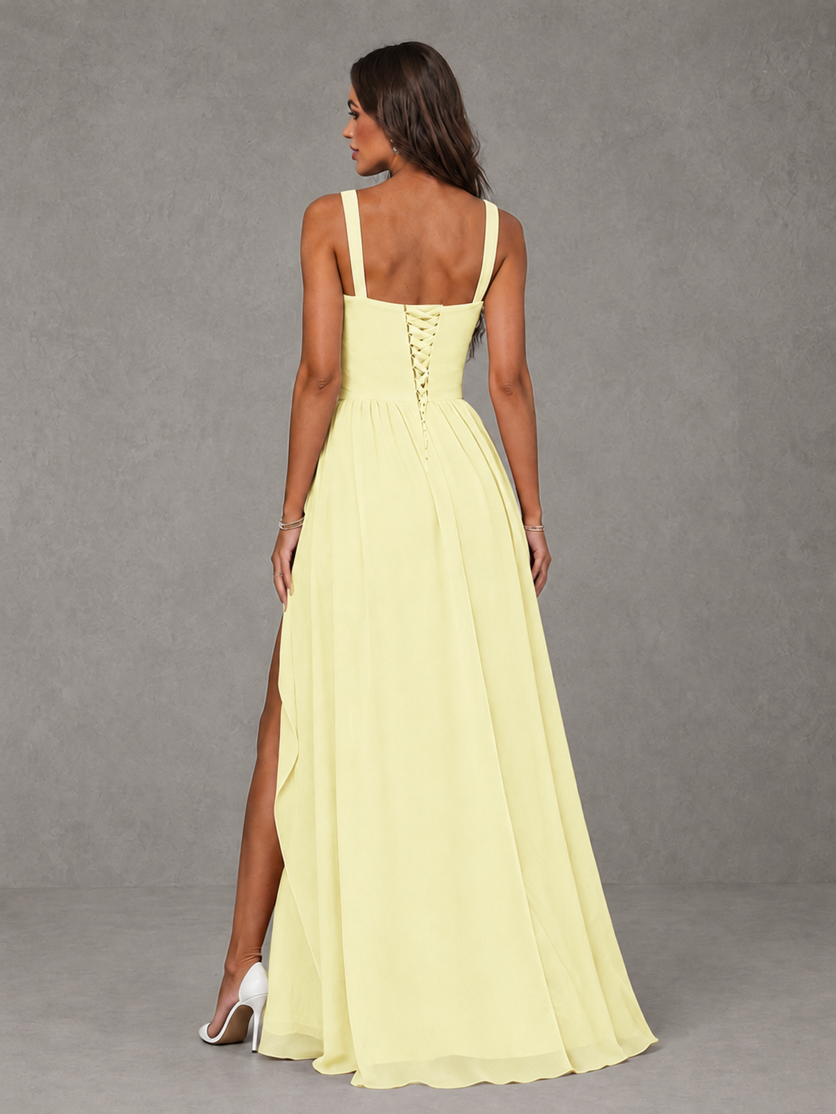 BOLODOO Light Yellow A-Line Bridesmaid Dress with High Slit & Lace-Up Back - Light Yellow - Light Yellow (2)