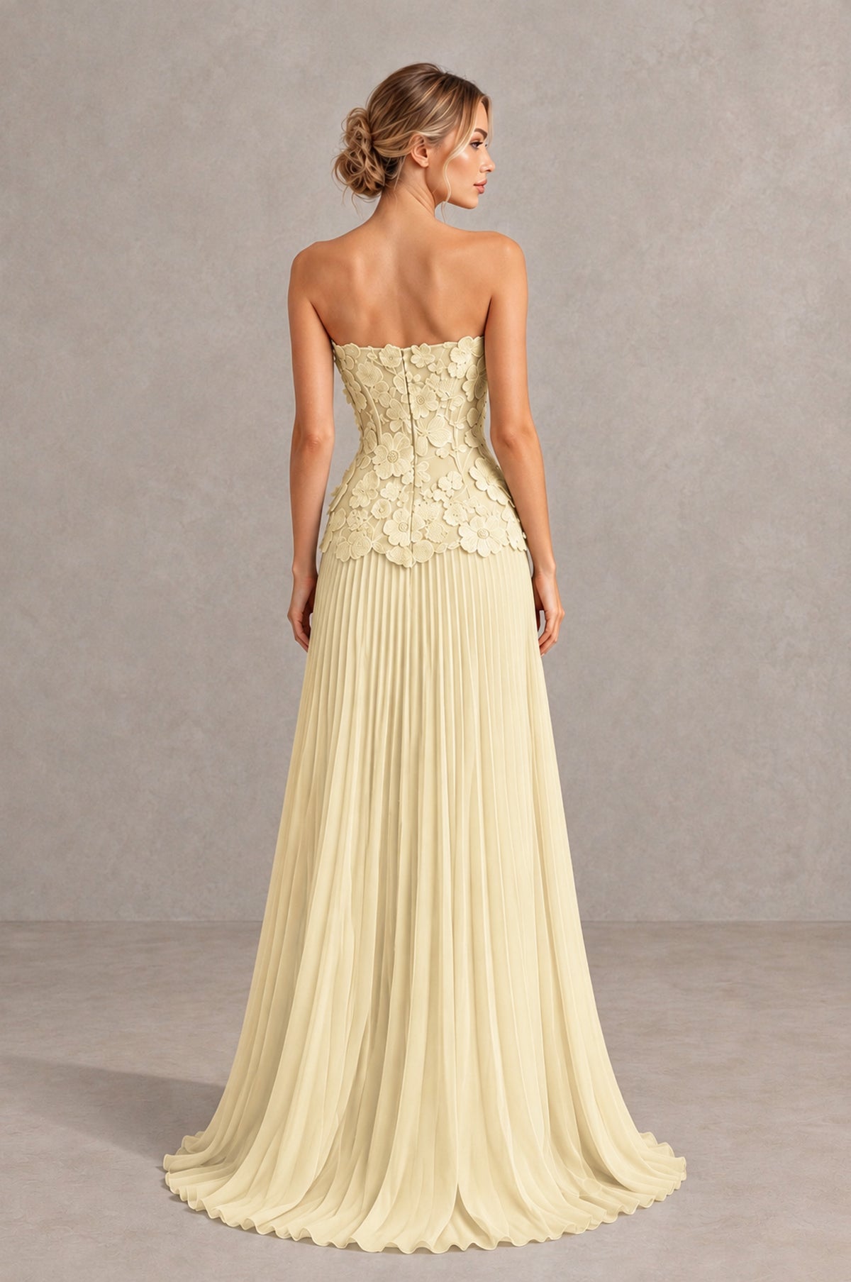 BOLODOO Light Yellow Strapless Floral Applique Pleated Evening Dress - Light Yellow - Light Yellow (2)