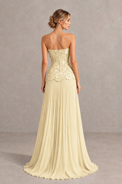 BOLODOO Light Yellow Strapless Floral Applique Pleated Evening Dress - Light Yellow - Light Yellow (2)