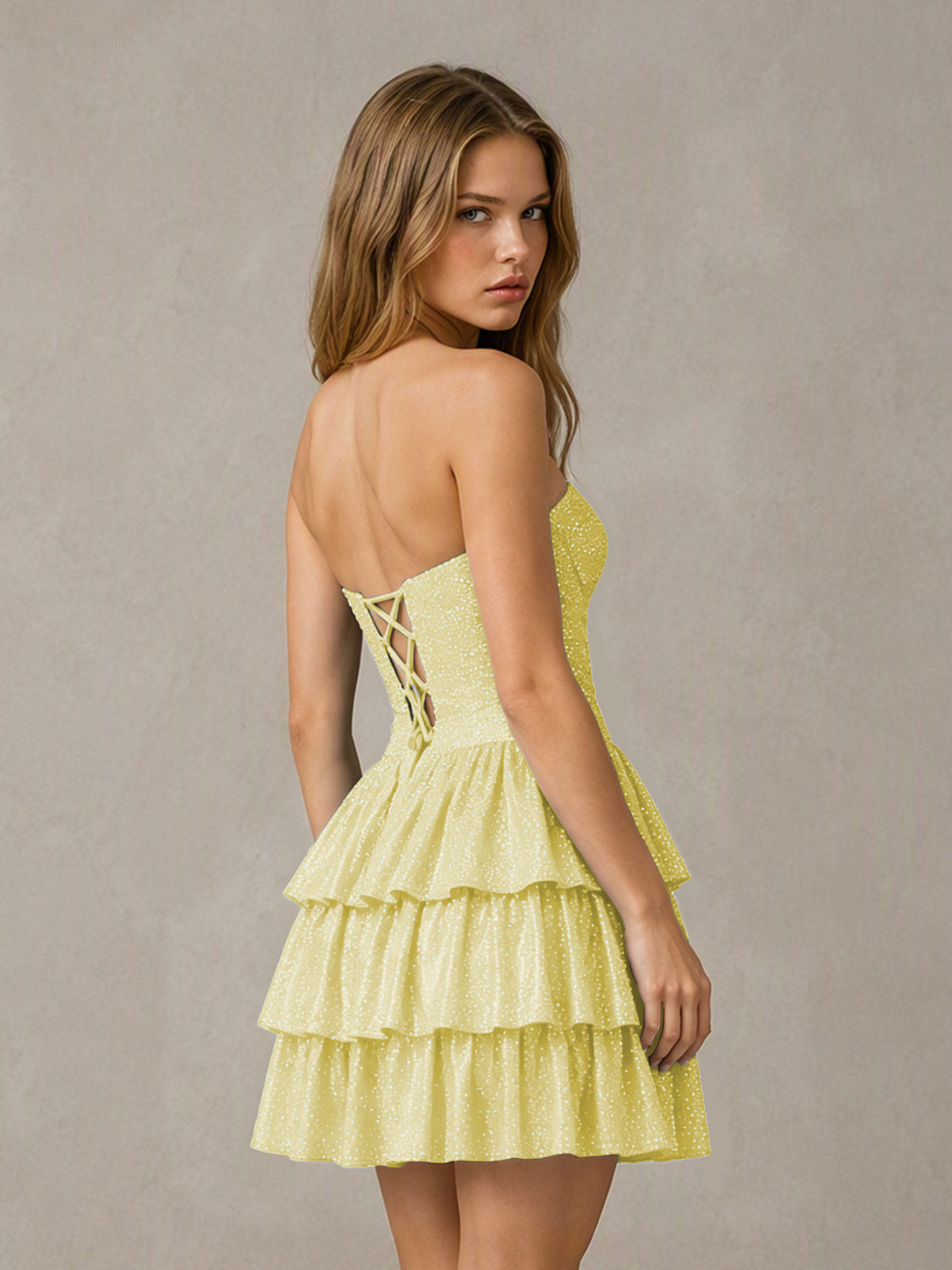 BOLODOO Light Yellow Strapless Sweetheart Cutout Glitter Tiered Ruffle Mini Dress | Lace-Up Back Corset - Light Yellow