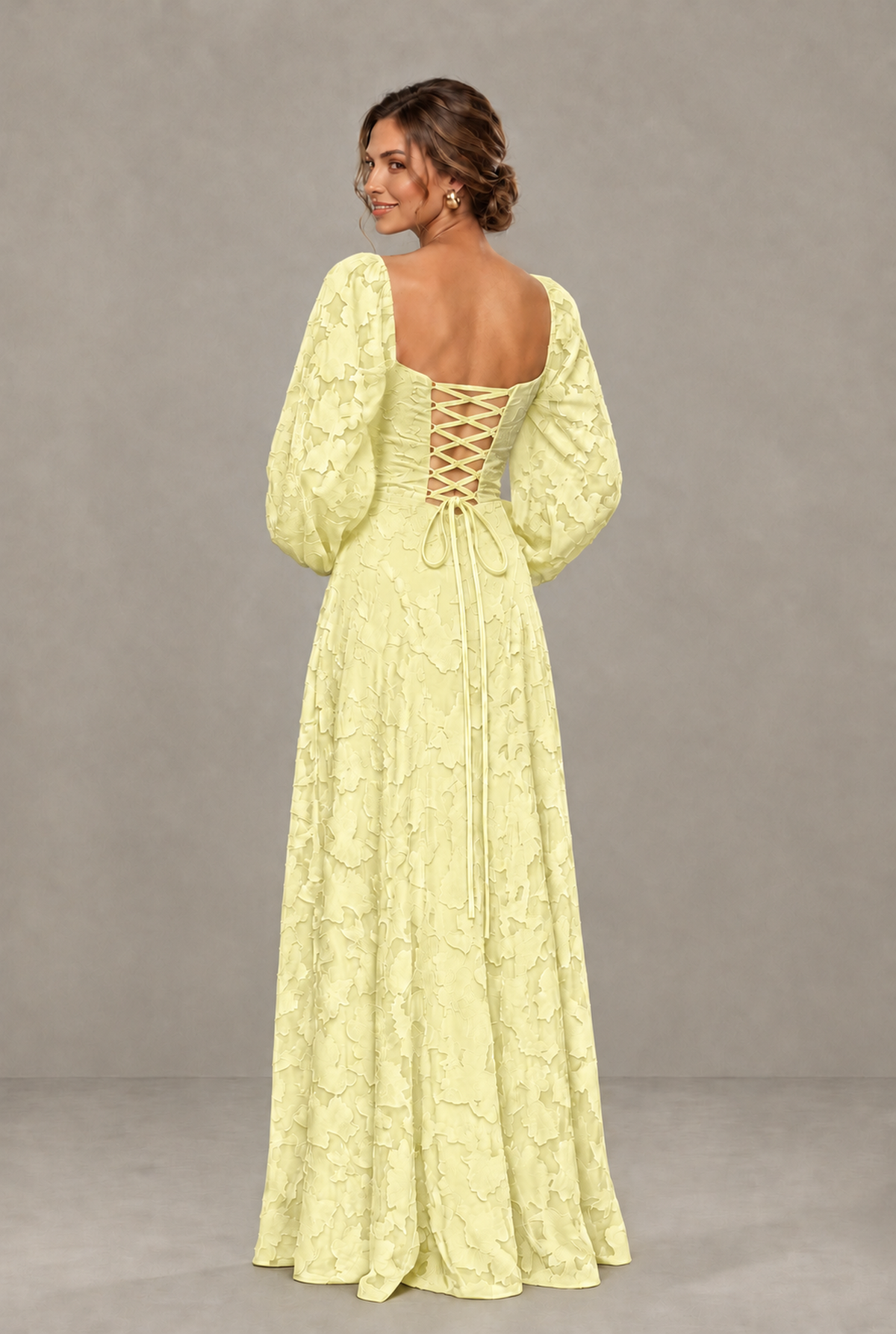 BOLODOO Floral Light Yellow Long Sleeve A-Line Dress with Lace-Up Back - Light Yellow