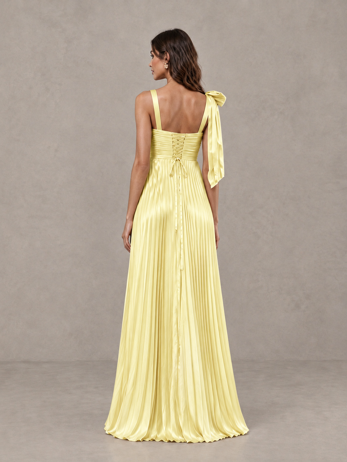 BOLODOO Light Yellow Pleated Bow-Strap Bridesmaid Maxi Dress - Light Yellow - Light Yellow (2)