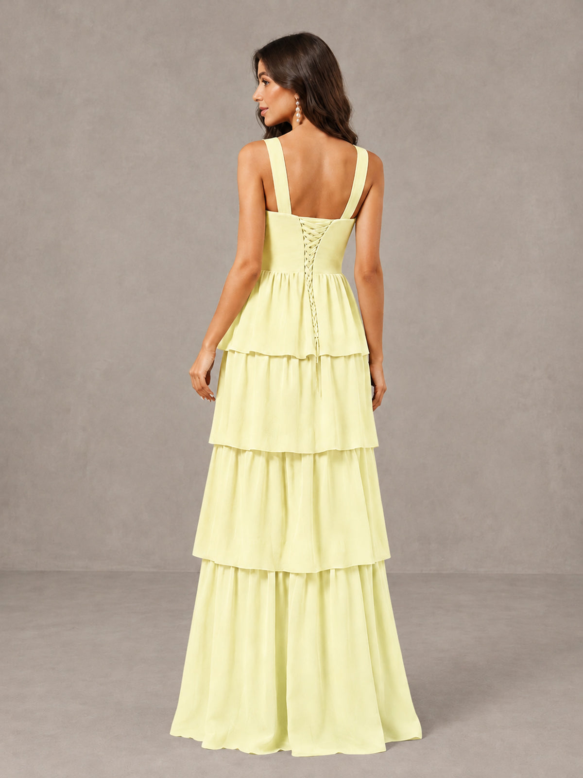 BOLODOO Light Yellow Square Neck Tiered Bridesmaid Dress with Slit - Light Yellow - Light Yellow (2)
