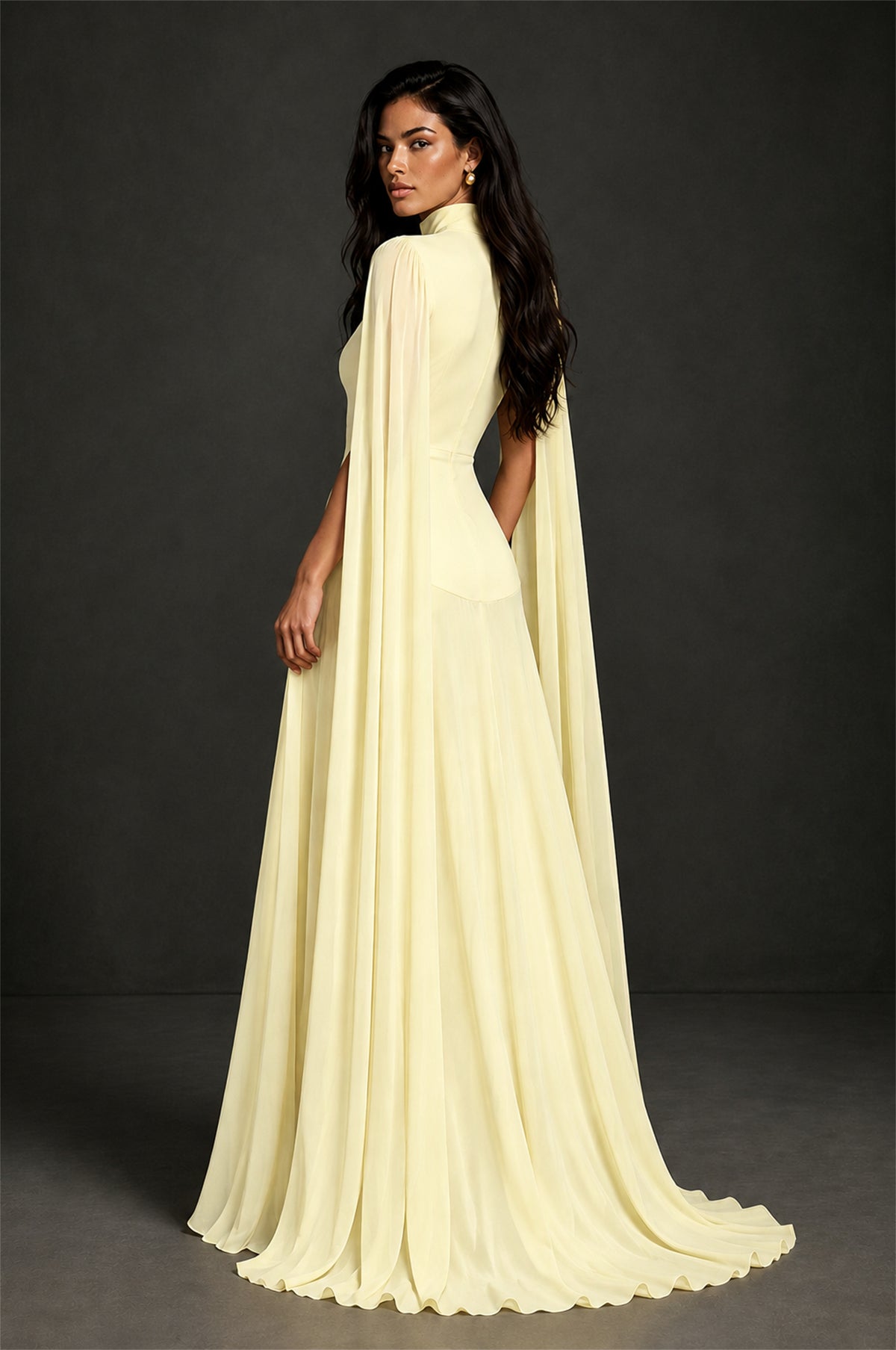 BOLODOO Light Yellow Mock Neck Cape Sleeve A-Line Chiffon Maxi Dress - Light Yellow - Light Yellow (2)