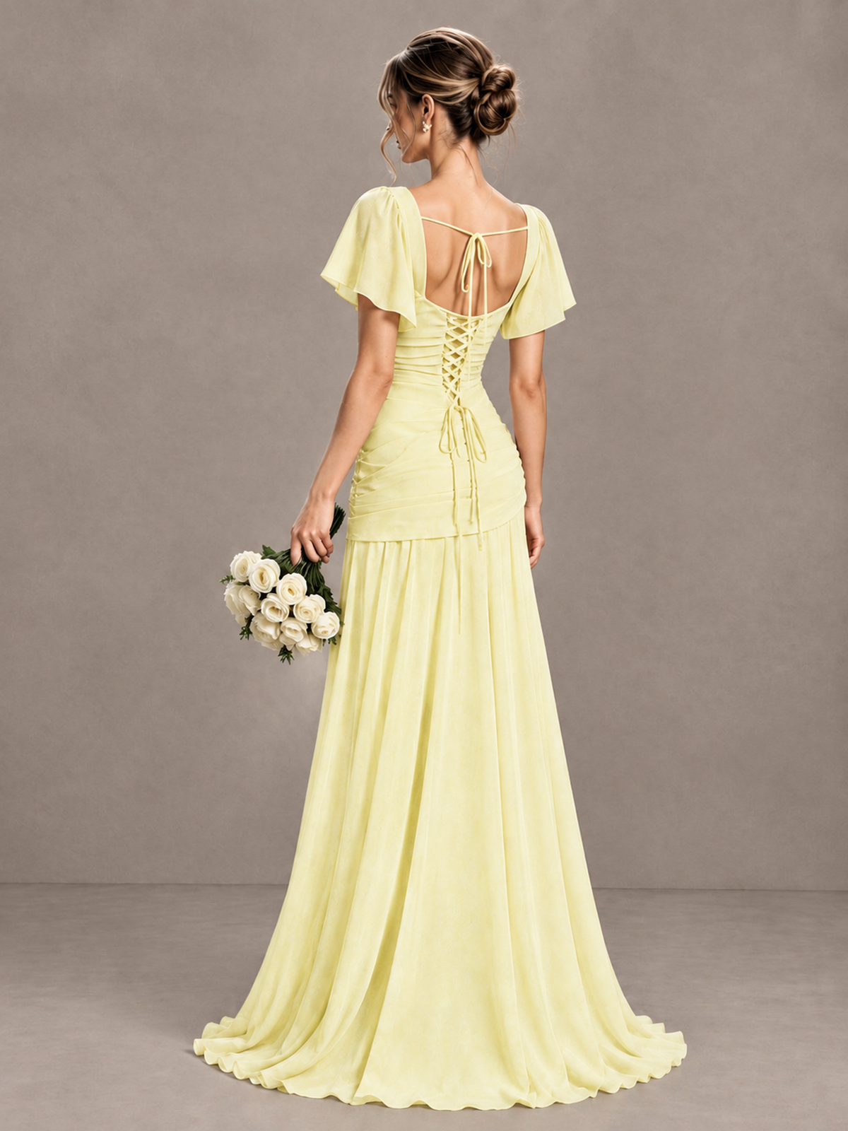 BOLODOO Light Yellow Flutter Sleeve Lace-Up Back Maxi Dress - Light Yellow - Light Yellow (2)