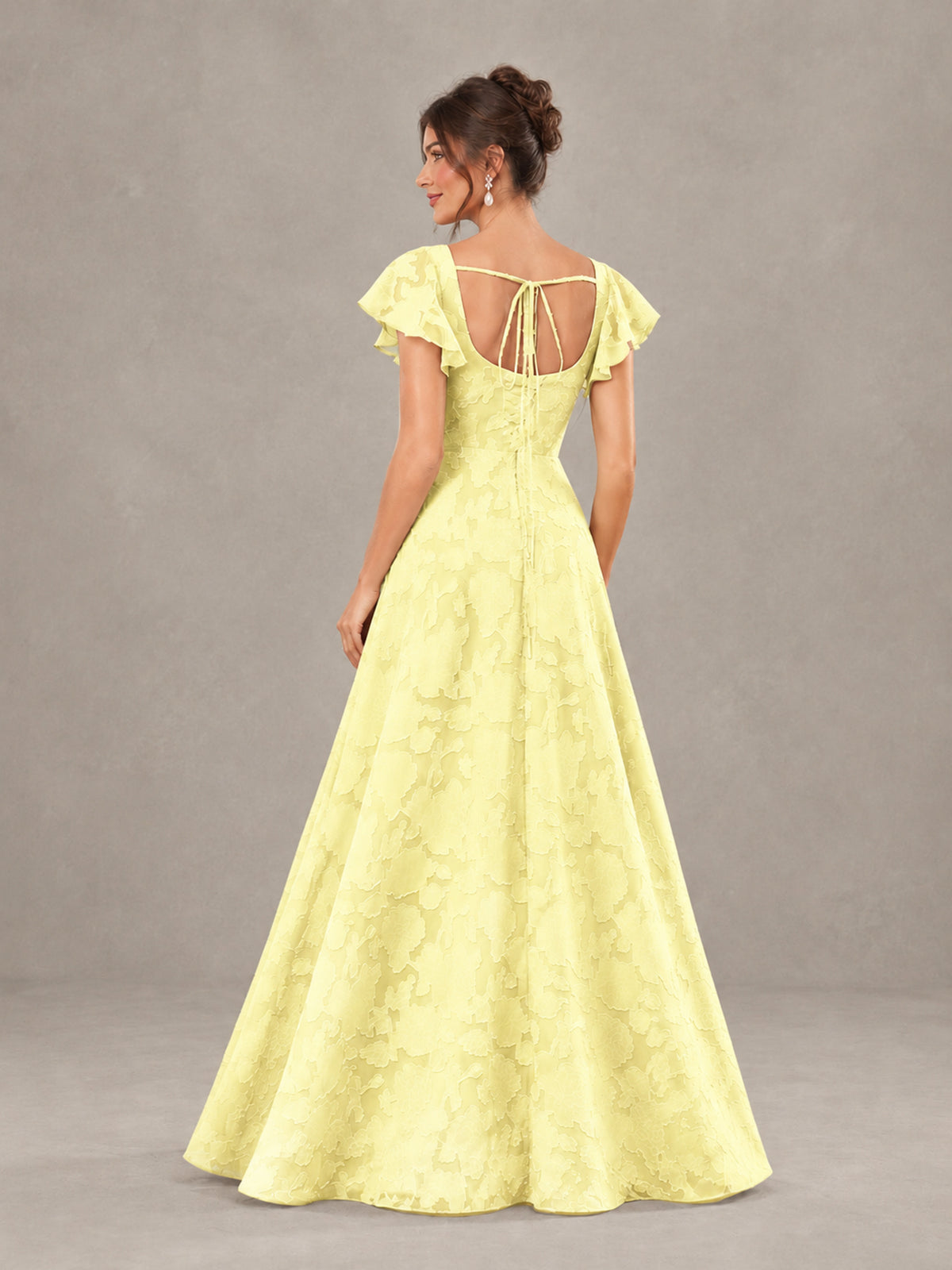 BOLODOO Light Yellow Floral Flutter Sleeve Bridesmaid Dress with Slit - Light Yellow - Light Yellow (2)