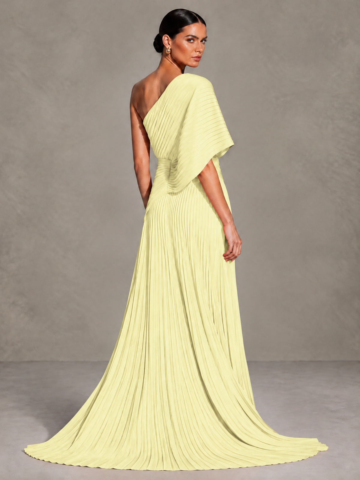 BOLODOO Light Yellow One-Shoulder Pleated Cape Evening Gown with Train - Light Yellow - Light Yellow (2)