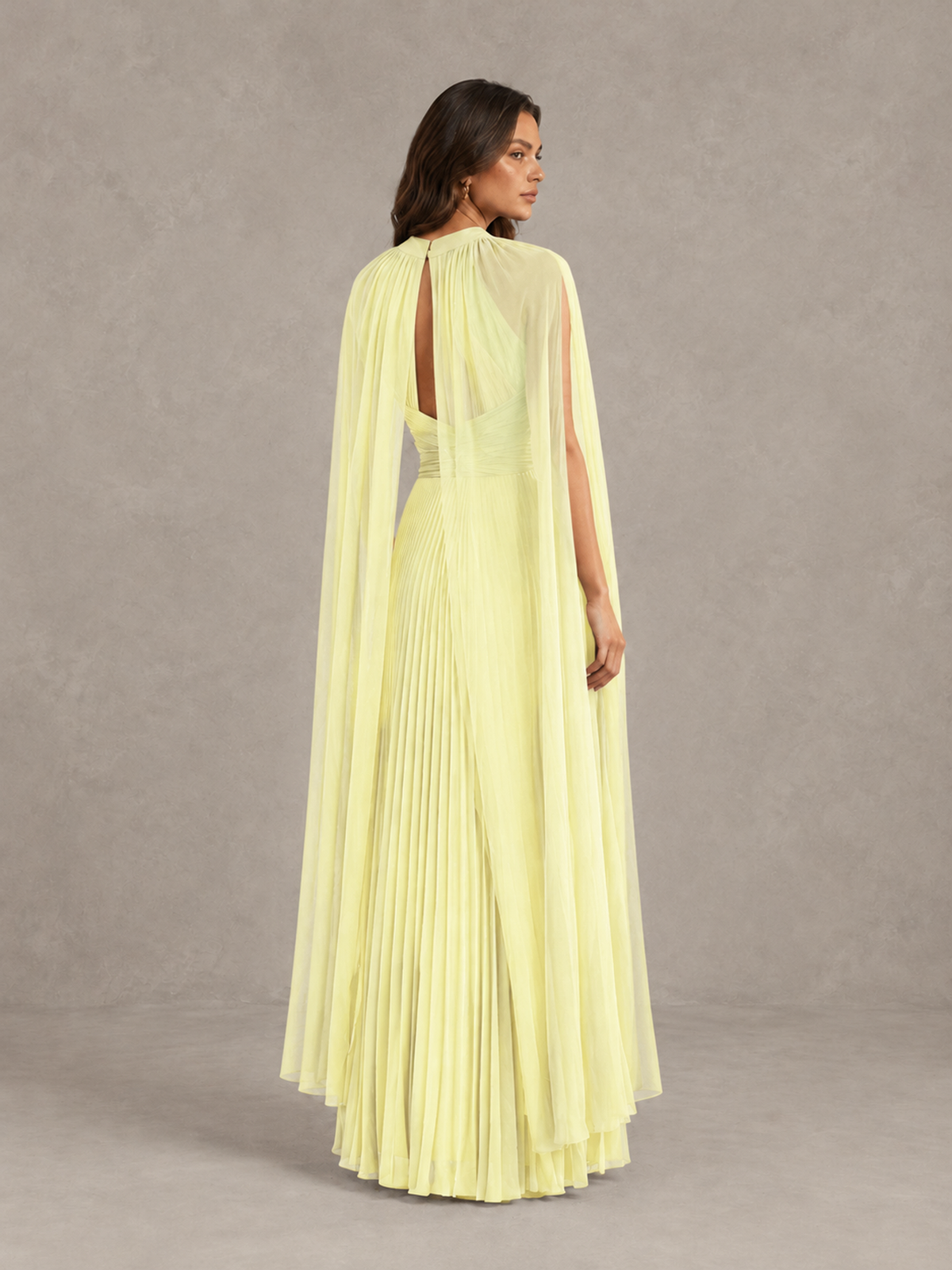 BOLODOO Light Yellow Pleated Cape Maxi Wedding Guest Dress - Light Yellow - Light Yellow (2)