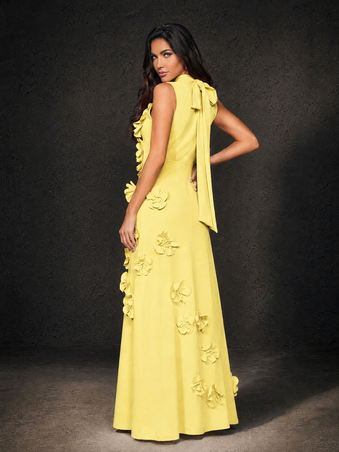 BOLODOO Light Yellow Mock Neck Sleeveless 3D Floral Appliqué Maxi Dress with Bow Back - Light Yellow