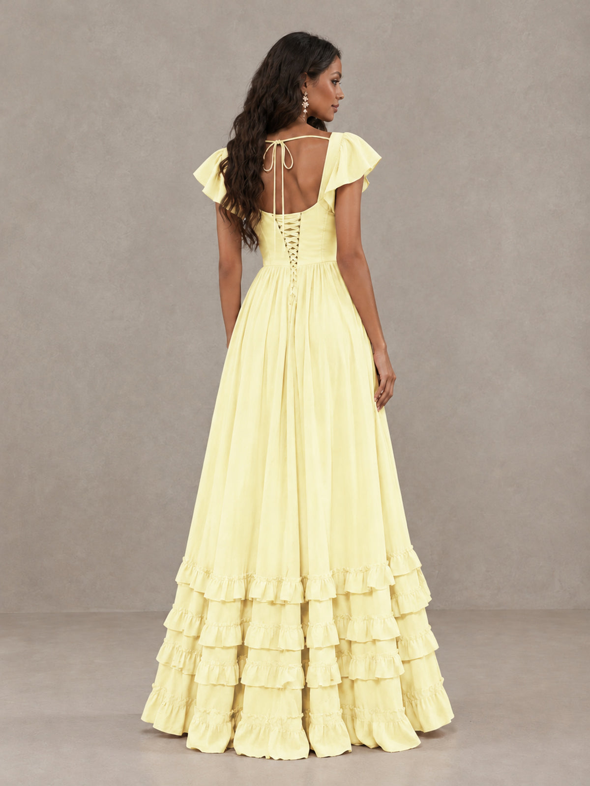 BOLODOO Light Yellow Flutter Sleeve Ruffle Bridesmaid Dress with Slit - Light Yellow - Light Yellow (2)