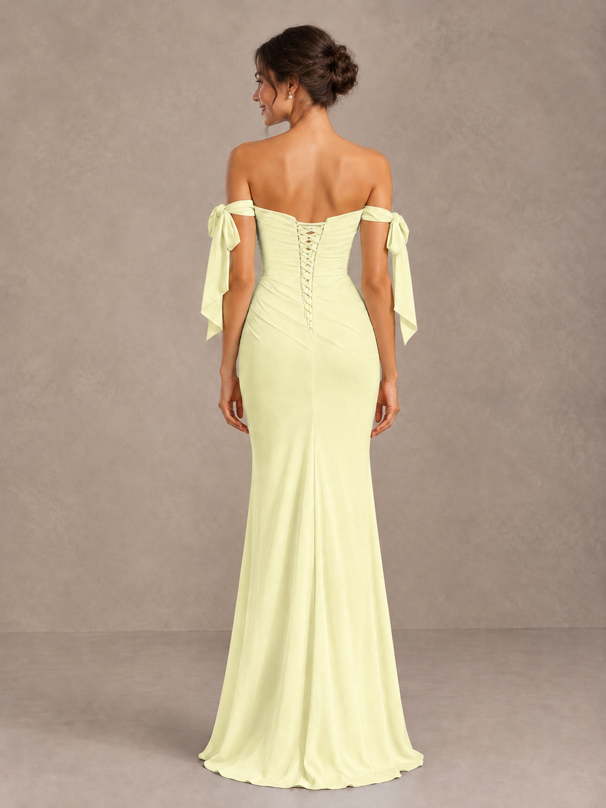 Light Yellow Off-Shoulder Bow Bridesmaid Dress with Slit - Light Yellow - Light Yellow (2)