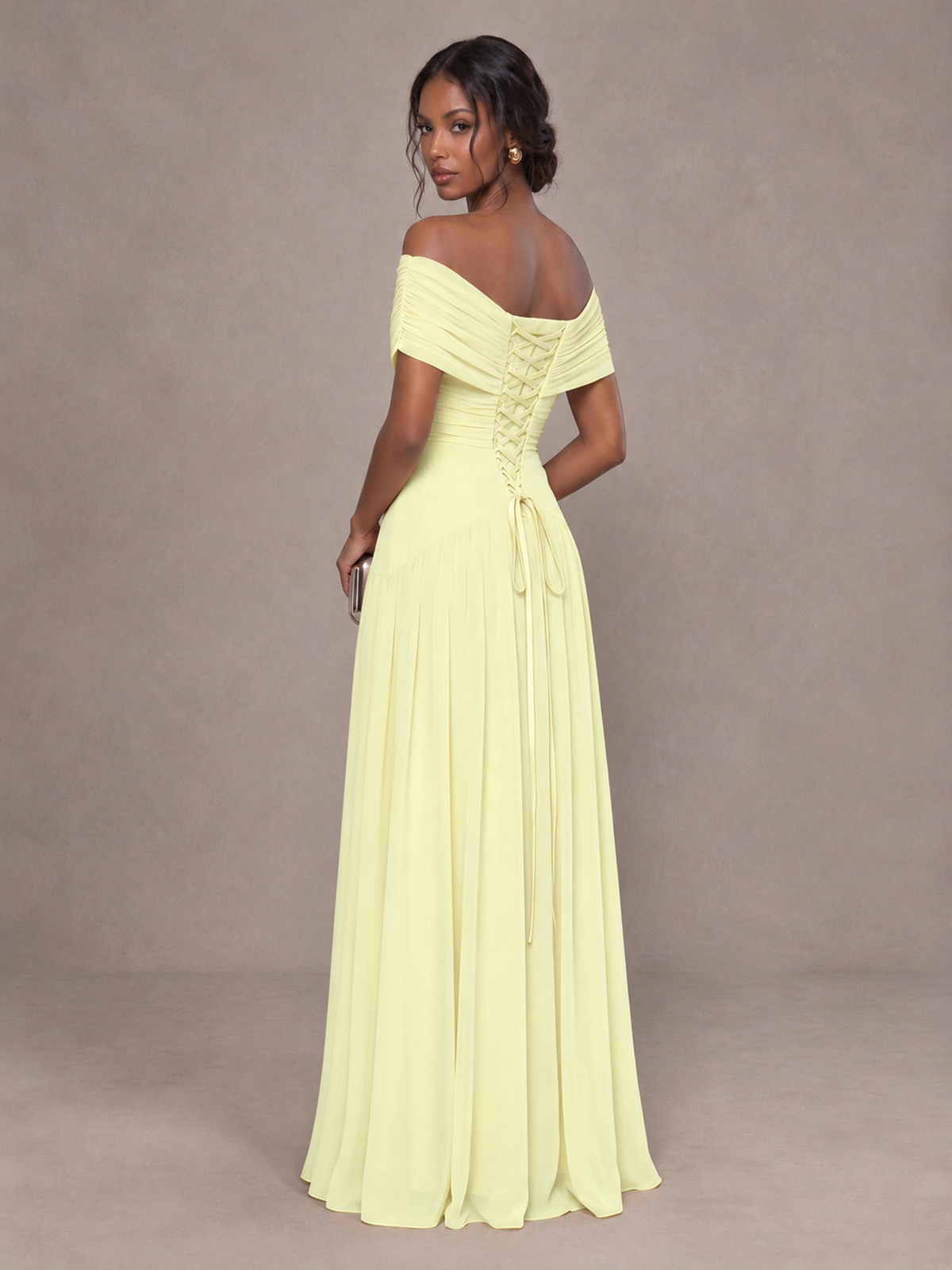 BOLODOO Light Yellow Off-Shoulder Ruched A-Line Bridesmaid Dress - Light Yellow - Light Yellow (2)