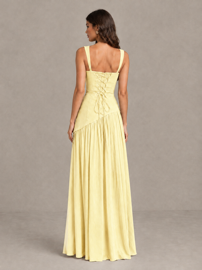BOLODOO Light Yellow Brown Scarf Bridesmaid Dress with Lace-Up Back - Light Yellow - Light Yellow (2)