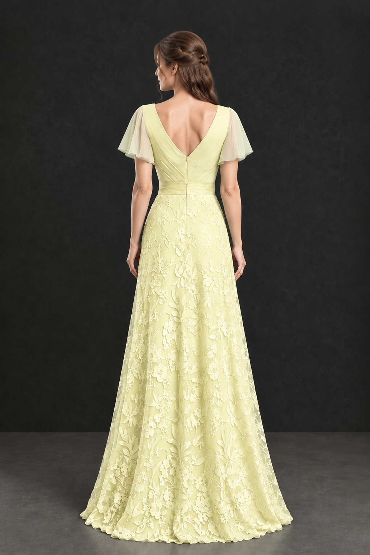 BOLODOO Light Yellow Flutter Sleeve Lace Mother of the Bride Dress - Light Yellow