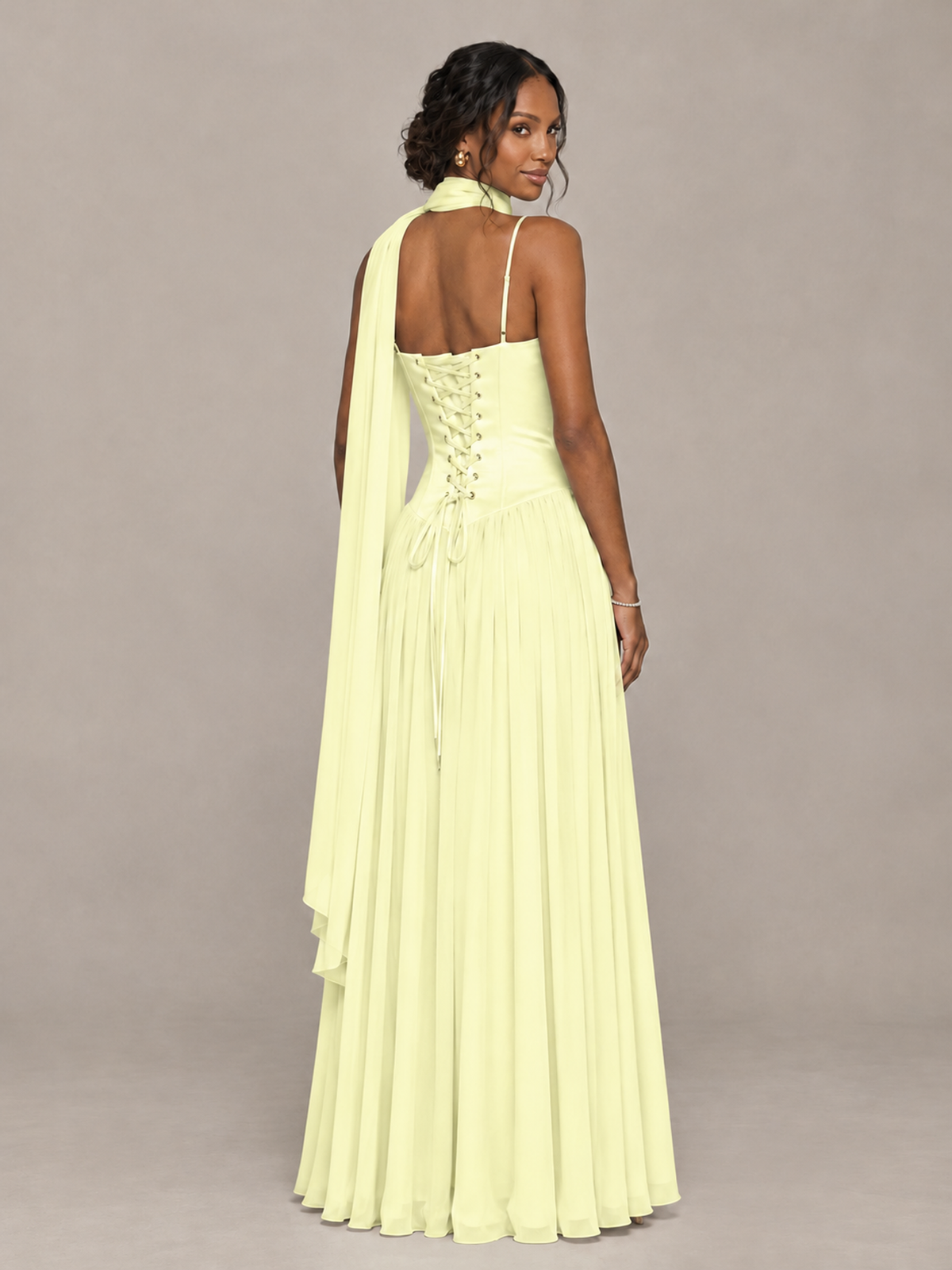 BOLODOO Light Yellow Corset Bridesmaid Dress with Scarf - Light Yellow - Light Yellow (2)
