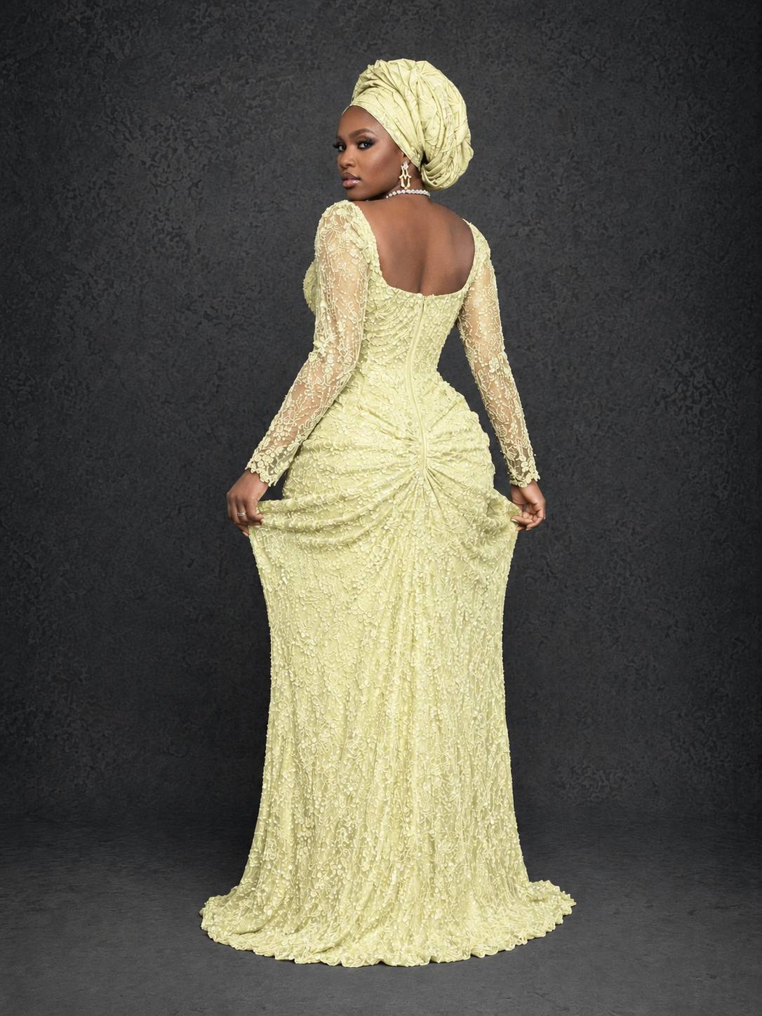 BOLODOO Light Yellow Beaded Lace Long Sleeve Mermaid Gown Sweetheart | Mother of the Bride - Light Yellow