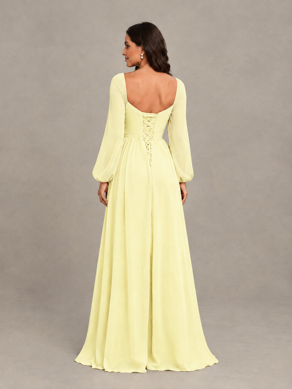 BOLODOO Light Yellow Long Sleeve Chiffon Bridesmaid Dress with Slit - Light Yellow - Light Yellow (2)