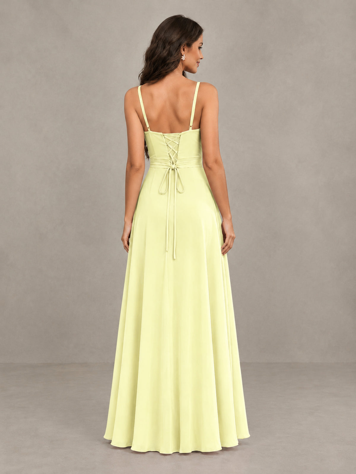 BOLODOO Light Yellow Spaghetti Strap Ruffle Bridesmaid Dress with Slit - Light Yellow - Light Yellow (2)