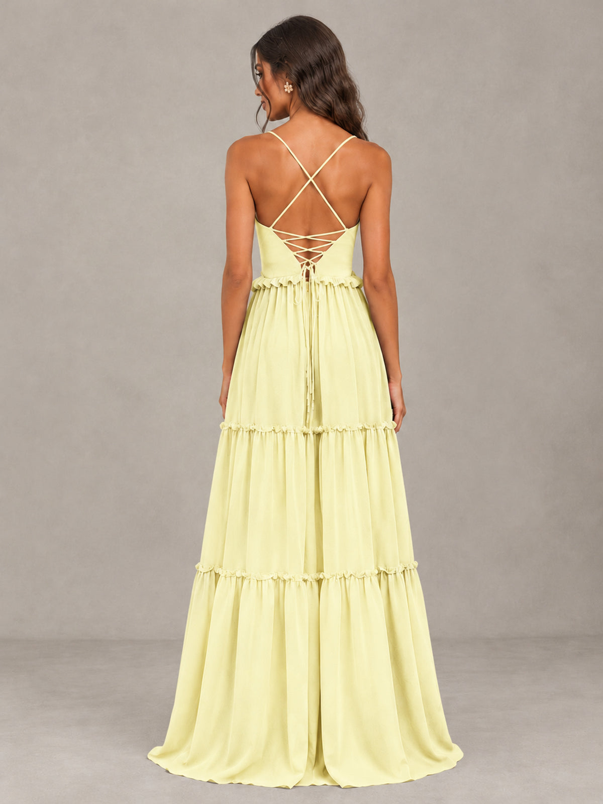 BOLODOO Light Yellow Tiered V-Neck Lace-Up Back Bridesmaid Dress - Light Yellow - Light Yellow (2)