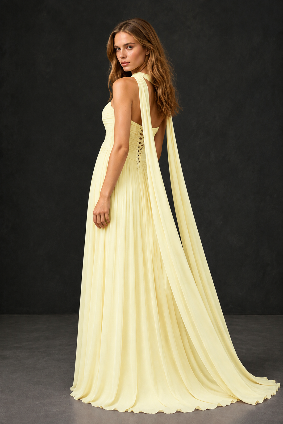 BOLODOO Light Yellow Sweetheart Strapless Twist Knot Detached Halter Scarf Lace-Up Back Empire Waist Chiffon Maxi Dress - Light Yellow