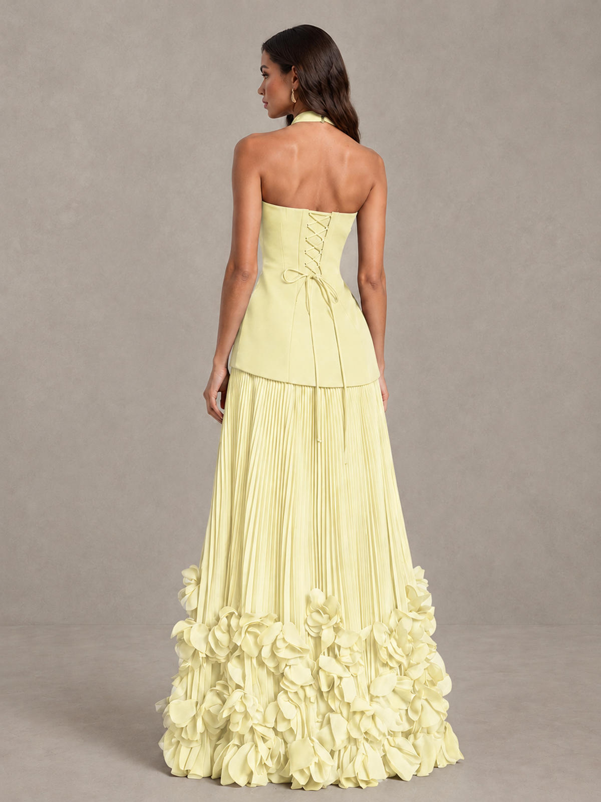 BOLODOO Light Yellow Halter Neck Floor-Length Evening Gown with High Slit & 3D Floral Hem - Light Yellow - Light Yellow (2)