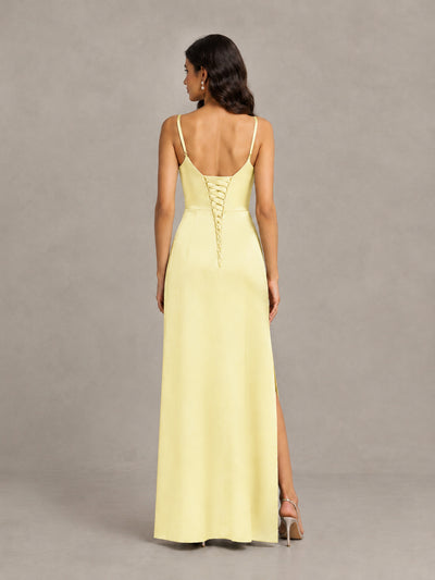 BOLODOO Light Yellow Cowl Neck Satin Bridesmaid Dress with Slit - Light Yellow - Light Yellow (2)