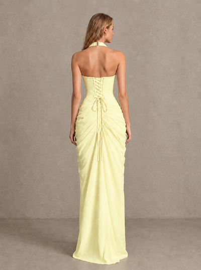 BOLODOO Light Yellow Halter Neck Ruched Maxi Dress with High Slit - Light Yellow