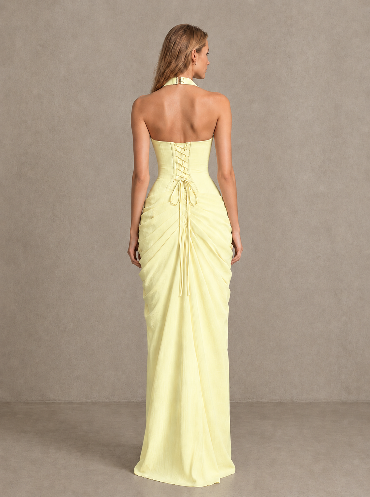 BOLODOO Light Yellow Halter Neck Ruched Maxi Dress with High Slit - Light Yellow