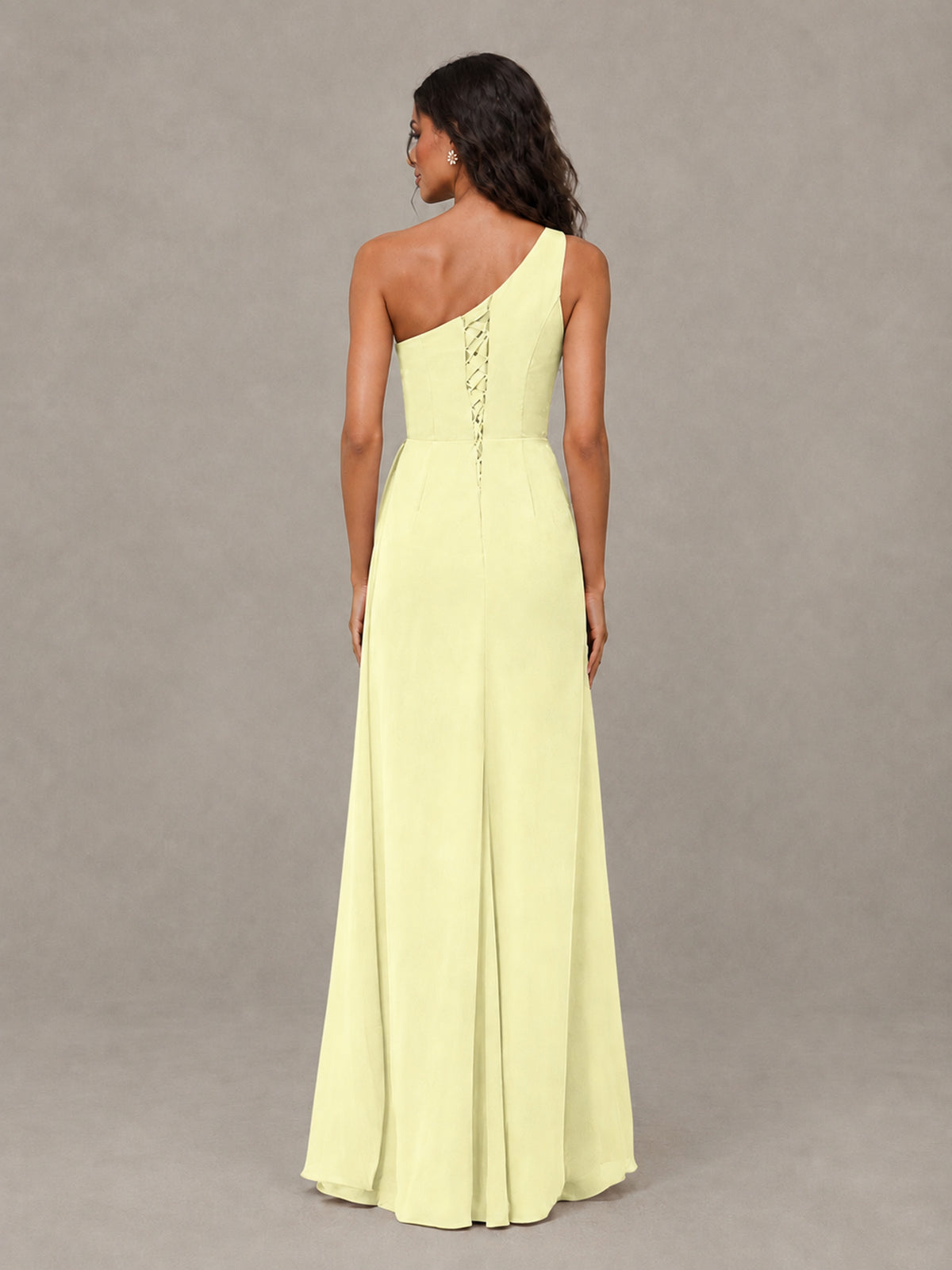 BOLODOO Light Yellow One-Shoulder Chiffon Bridesmaid Dress with Ruched Bodice & High Slit - Light Yellow - Light Yellow (2)