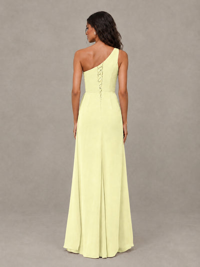 BOLODOO Light Yellow One-Shoulder Chiffon Bridesmaid Dress with Ruched Bodice & High Slit - Light Yellow - Light Yellow (2)