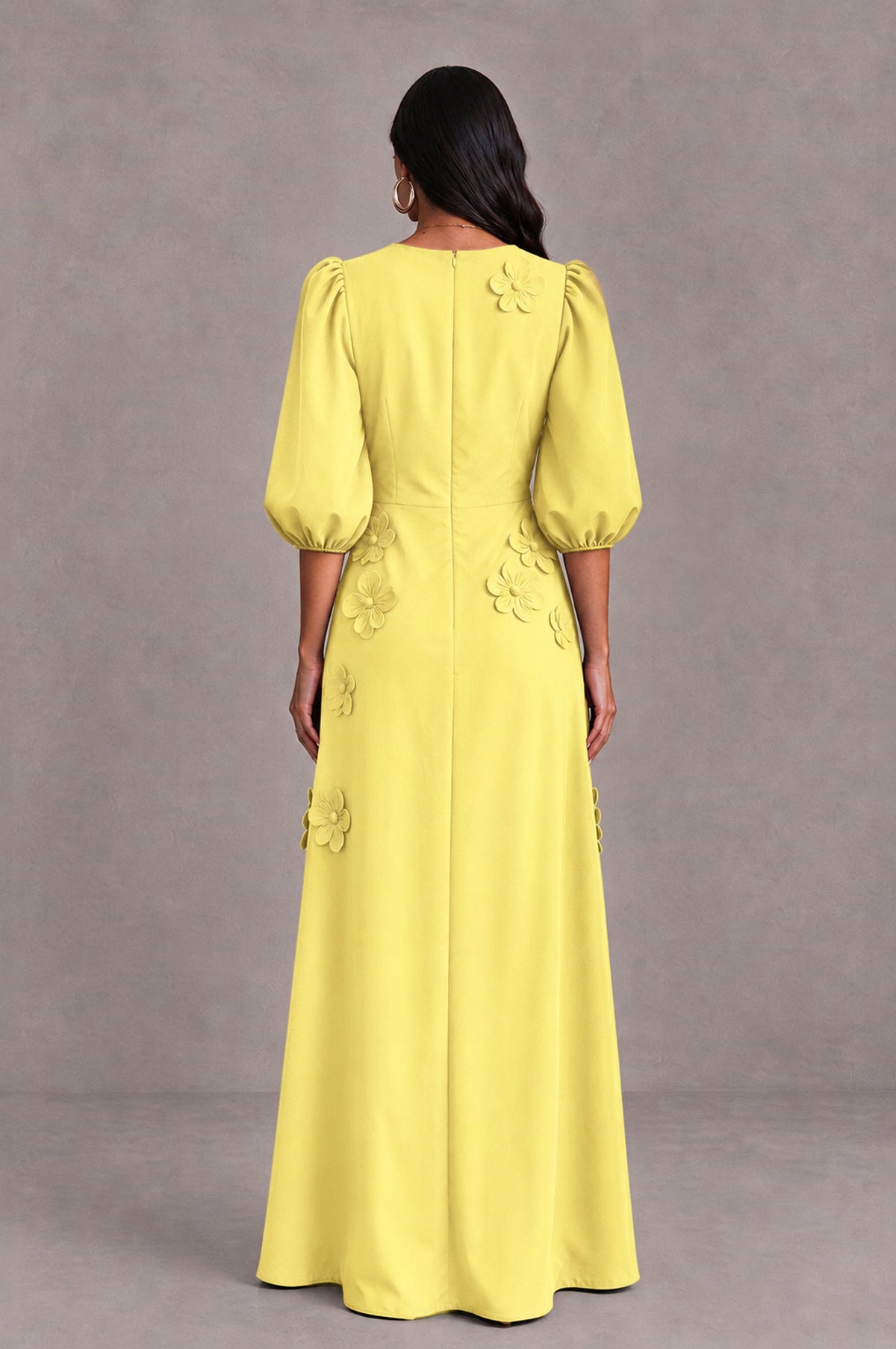 BOLODOO Light Yellow Floral Applique Puff Sleeve A-Line Evening Dress - Light Yellow - Light Yellow (2)