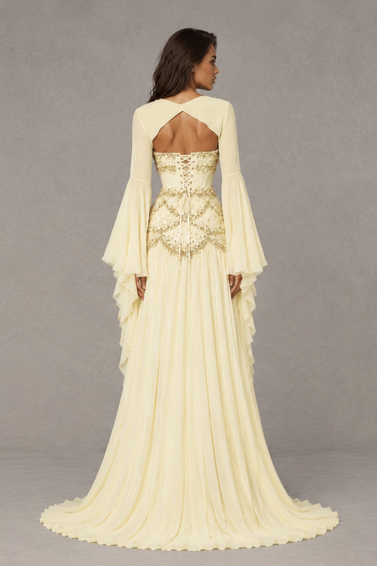 BOLODOO Light Yellow Embellished Corset Gown with Long Bell Sleeves - Light Yellow