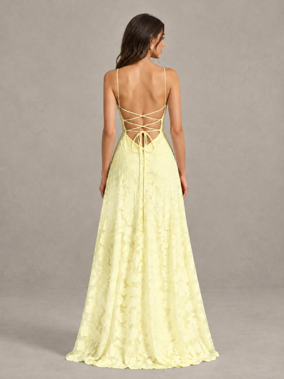 BOLODOO Light Yellow Floral Appliqué Slit Maxi Dress - Light Yellow - Light Yellow (2)
