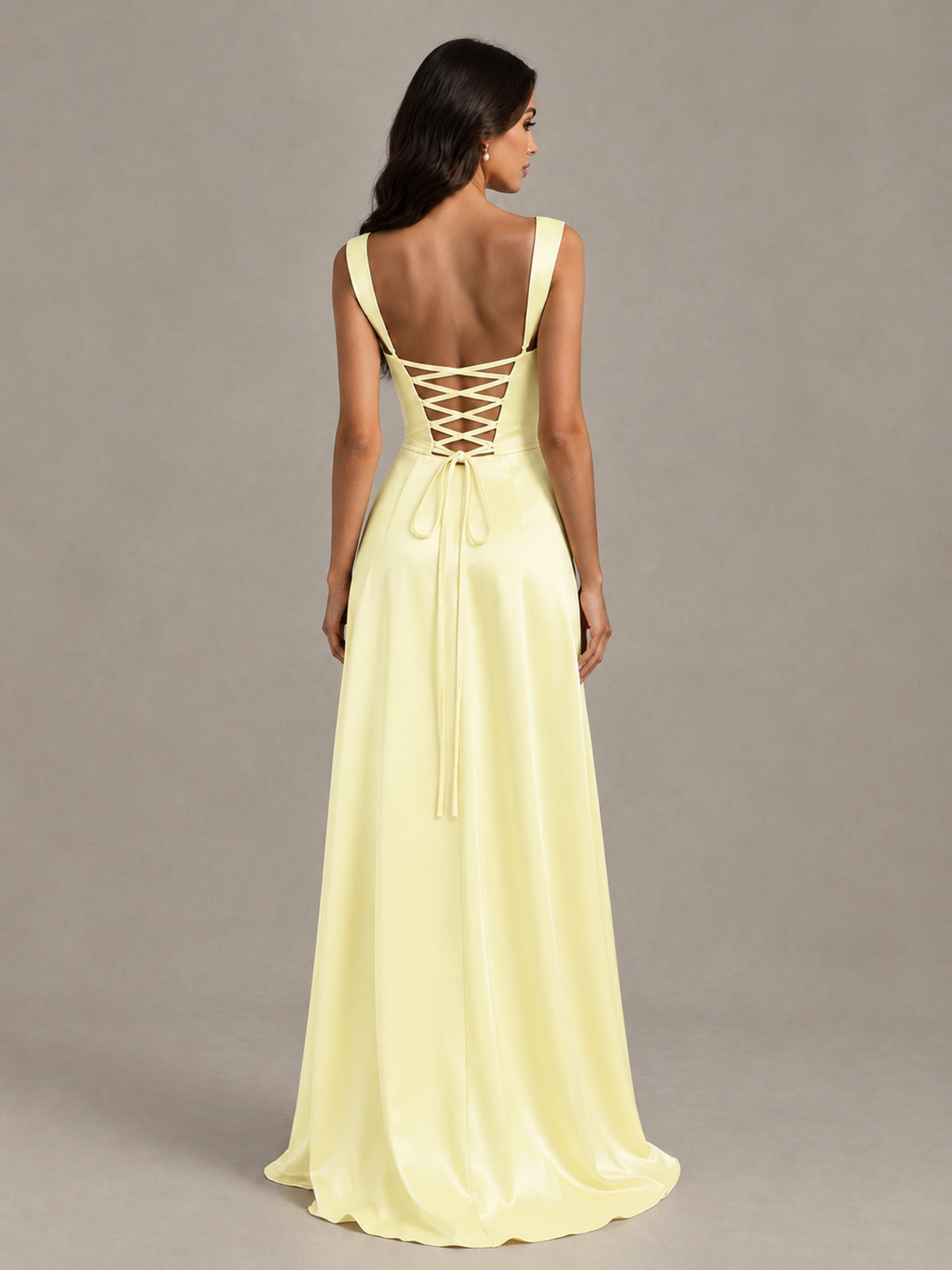 BOLODOO Light Yellow Satin Lace-Up Bridesmaid Dress with Slit - Light Yellow - Light Yellow (2)