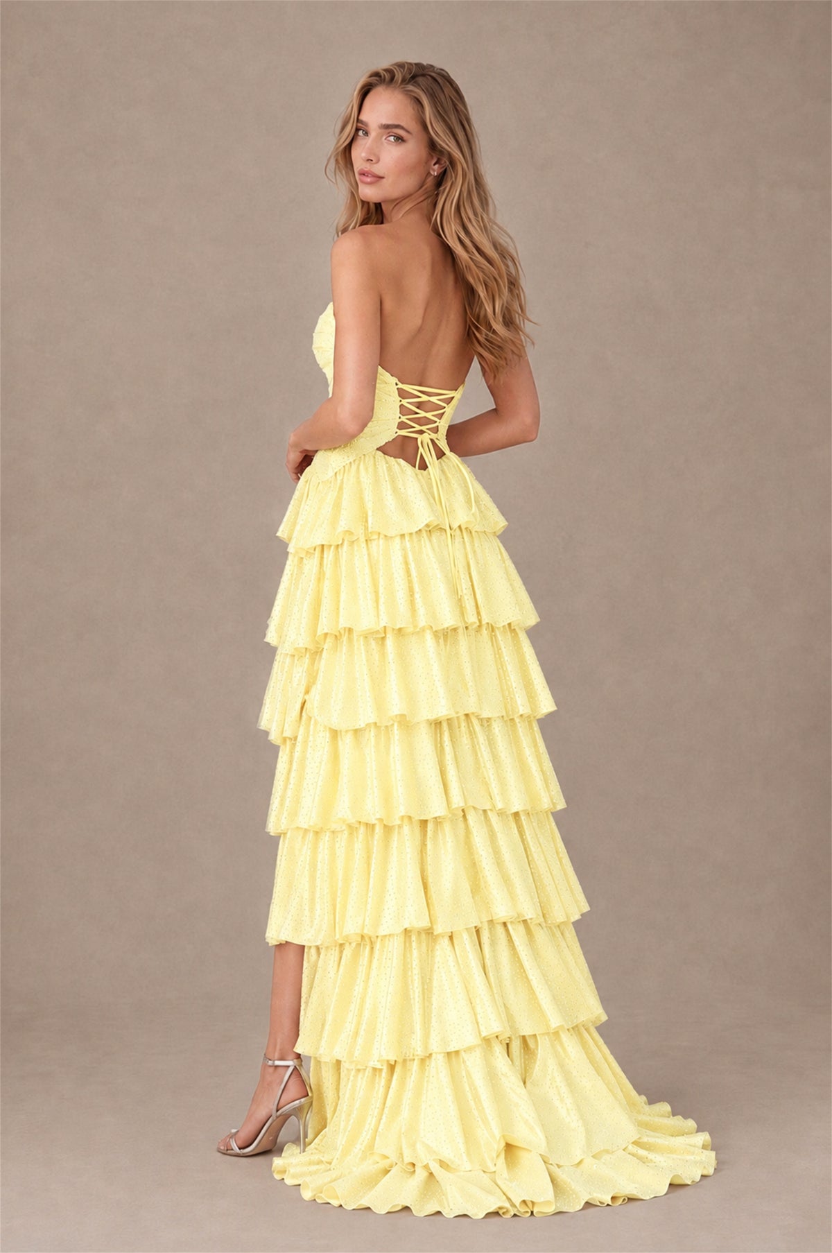 BOLODOO Light Yellow Strapless Cutout Tiered Ruffle Prom Dress with High Slit - Light Yellow - Light Yellow (2)