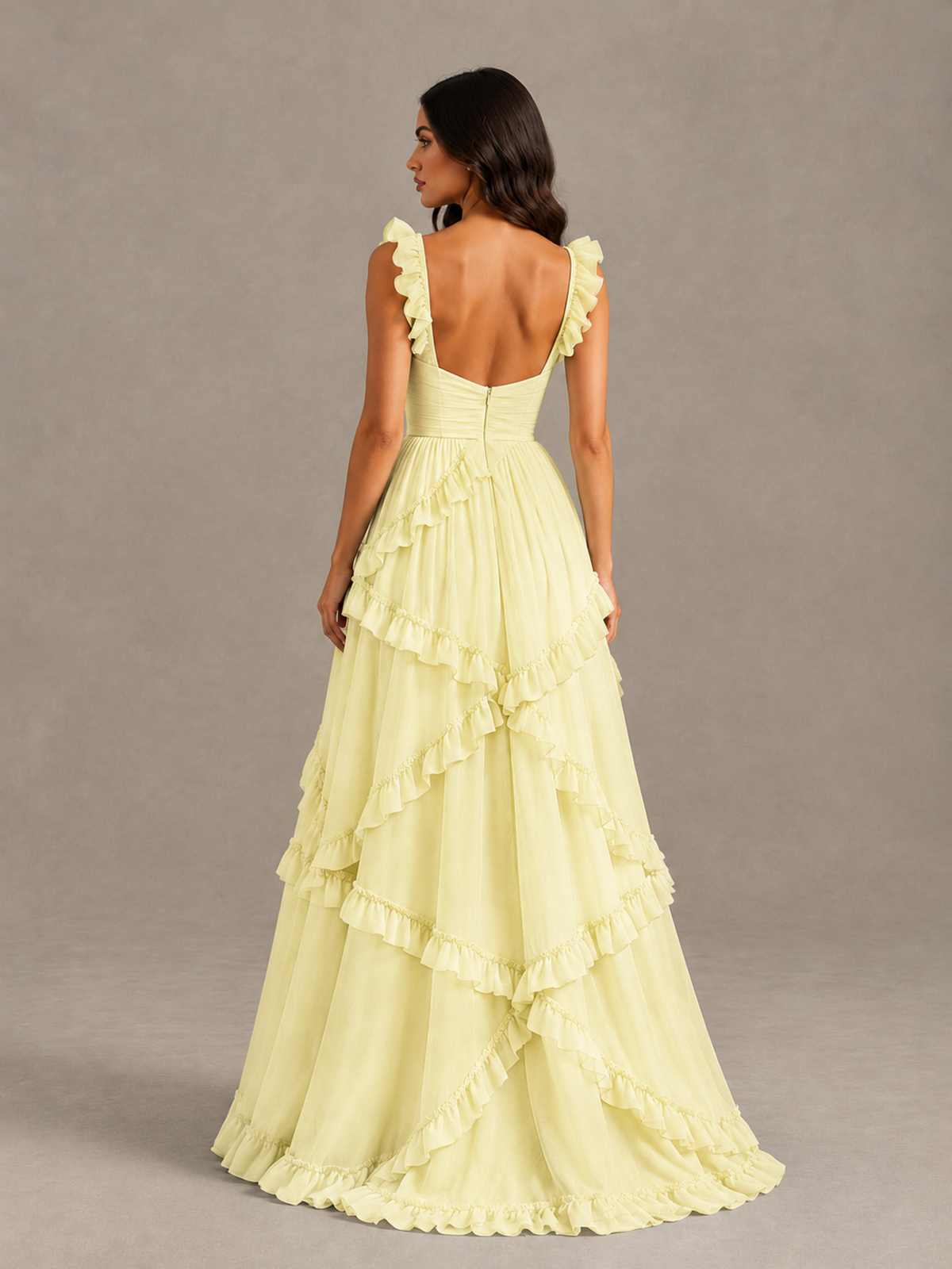 BOLODOO Light Yellow Ruffle A-Line Prom Dress with Open Back - Light Yellow - Light Yellow (2)