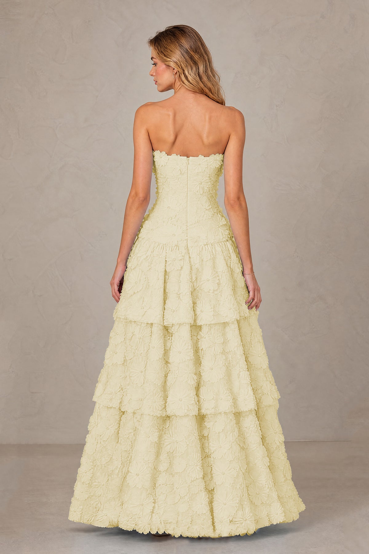 BOLODOO Light Yellow Strapless 3D Floral Tiered Evening Gown - Light Yellow