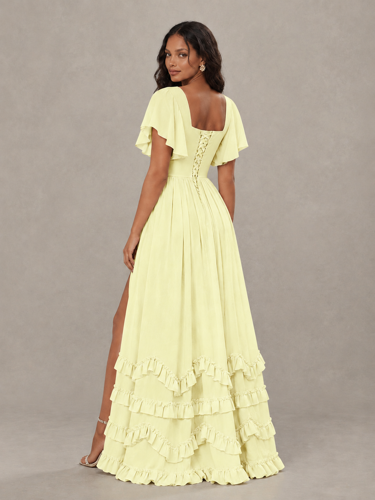 BOLODOO Light Yellow V-Neck Flutter Sleeve Ruffle Bridesmaid Dress with Slit - Light Yellow - Light Yellow (2)