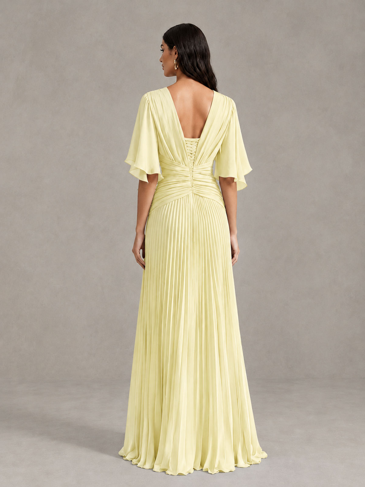 BOLODOO Light Yellow Pleated V-Neck Flutter Sleeve Bridesmaid Dress - Light Yellow - Light Yellow (2)