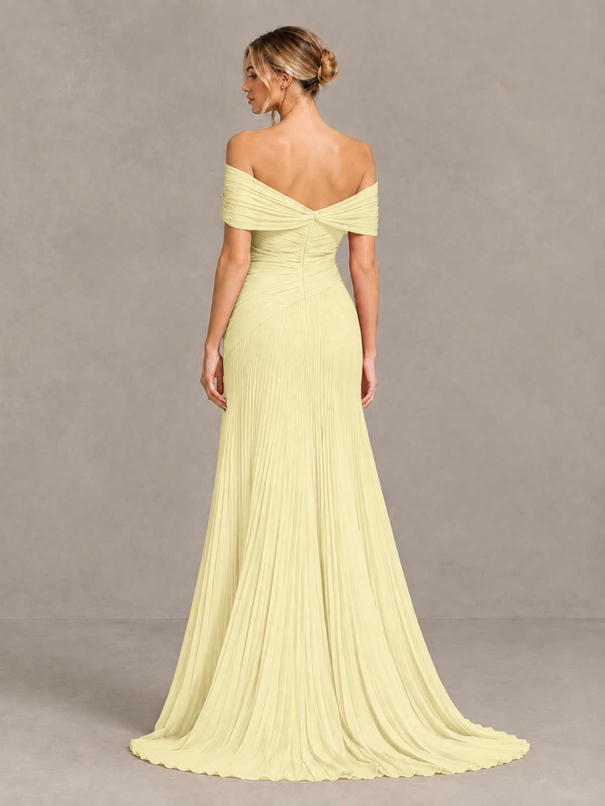 BOLODOO Light Yellow Off-Shoulder Ruched Pleated Maxi Dress with High Slit - Light Yellow - Light Yellow (2)