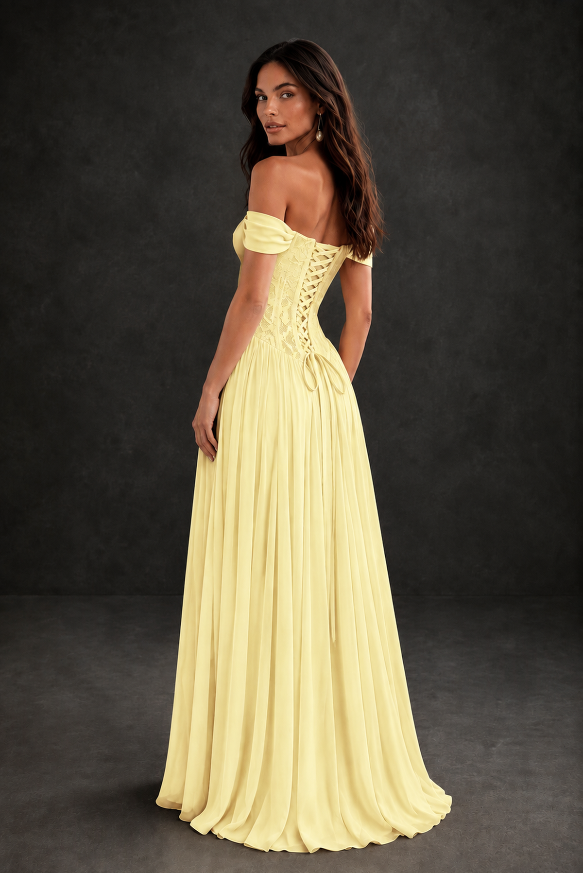 BOLODOO Light Yellow Off-Shoulder Lace Corset Tulle Maxi Dress - Light Yellow