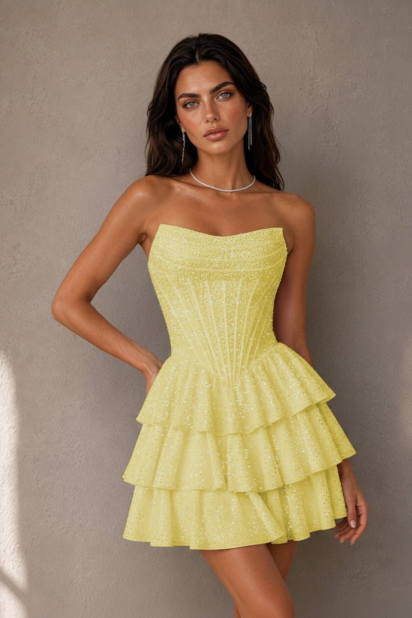 BOLODOO Navy Rhinestone Strapless Corset Tiered Ruffle Lace-Up Back Homecoming Mini Dress - Light Yellow - Light Yellow
