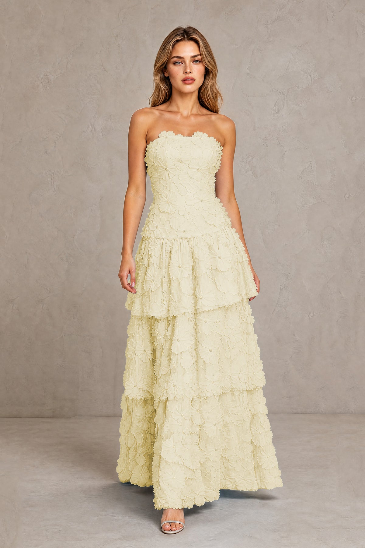 BOLODOO Light Yellow Strapless 3D Floral Tiered Evening Gown - Light Yellow